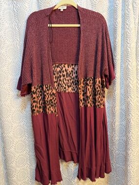 Umgee Maroon Open Front Cardigan with Leopard Panels